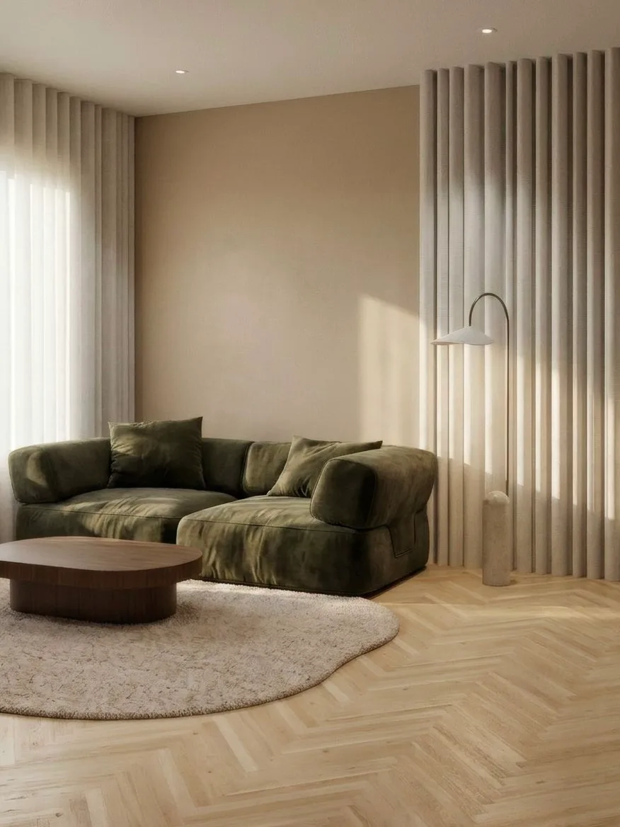Rendering av vardagsrum med grön soffa, draperier och fiskbensparkett