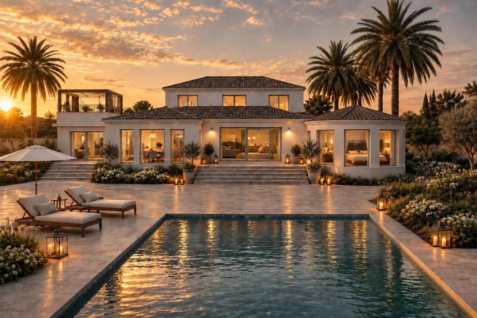 Villa Rojales at dusk with an illuminated pool, terraces and palm trees on the Costa Blanca